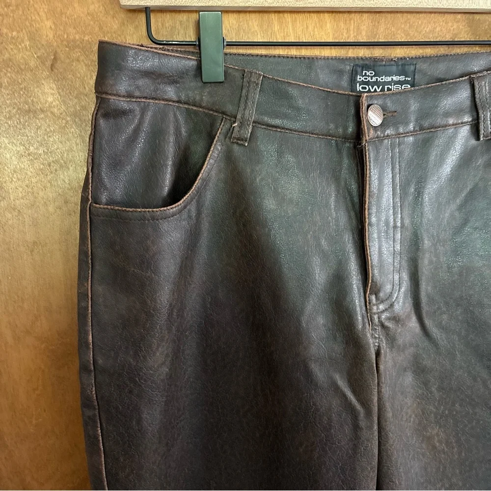 VINTAGE Chocolate Brown Patchwork Low Rise Faux Leather Flare Pants Y2K Goth 90s - Picture 7 of 16